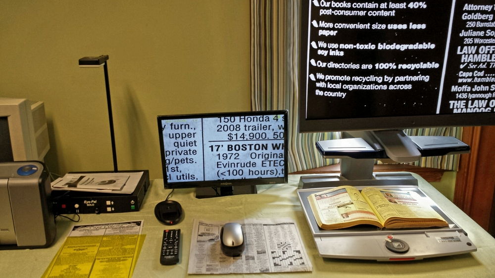 A display of reading devices for vision impaired.