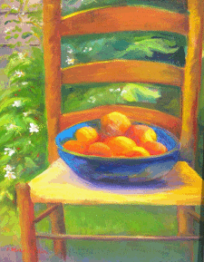 Painting of a bowl of peached on a chair done by Frances McLaughlin